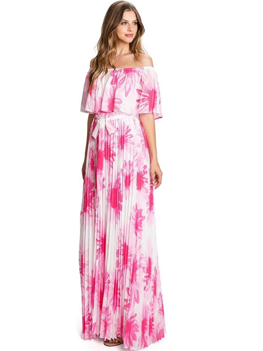 Flying Tomato Pink Floral Pleated Maxi Dress